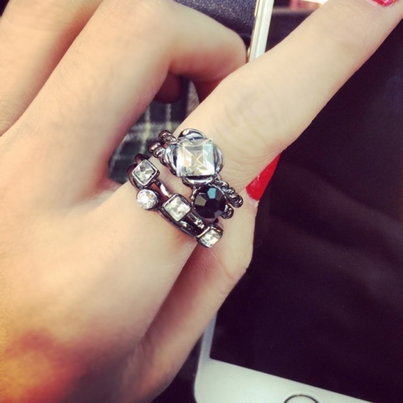 Jewelry - Gunmetal Crystal Midi Stacked Antique Silver Rings